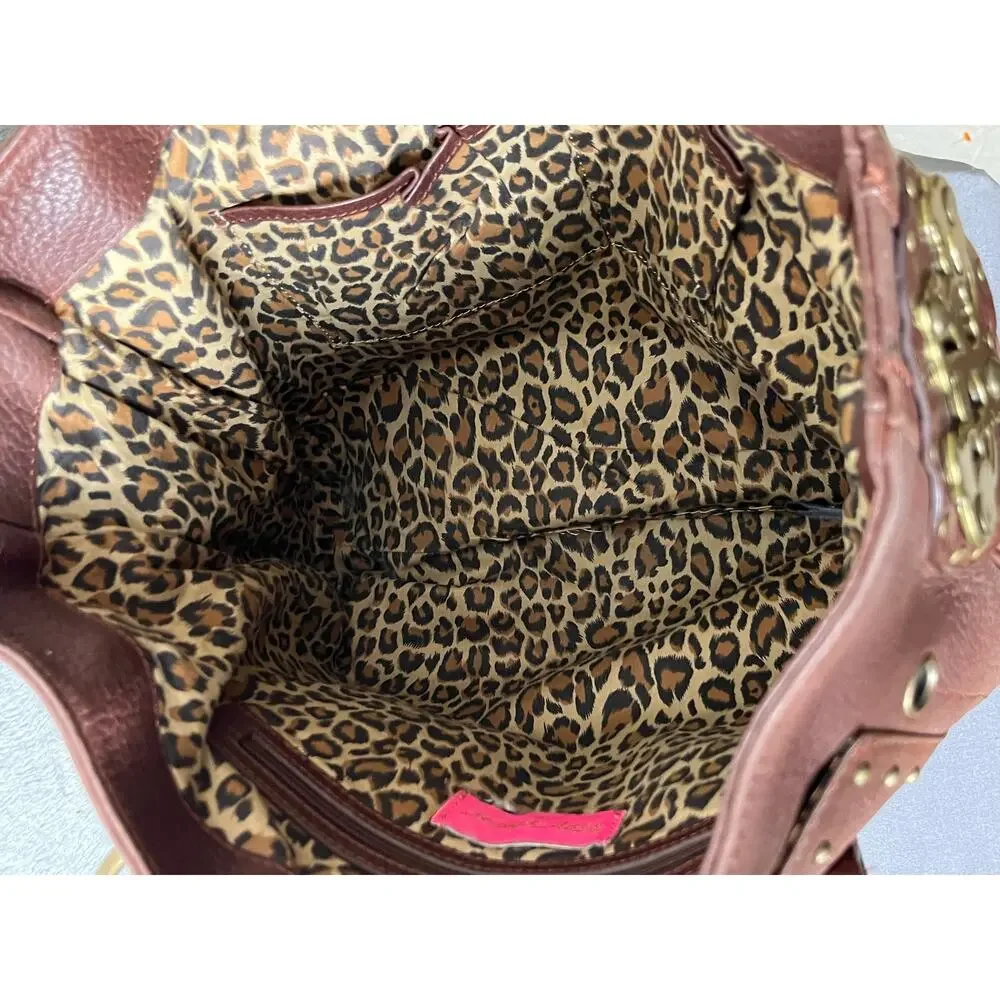 Betsey Johnson Vintage Brown Pebbled Leather Studded Buckle Shoulder Tote Bag